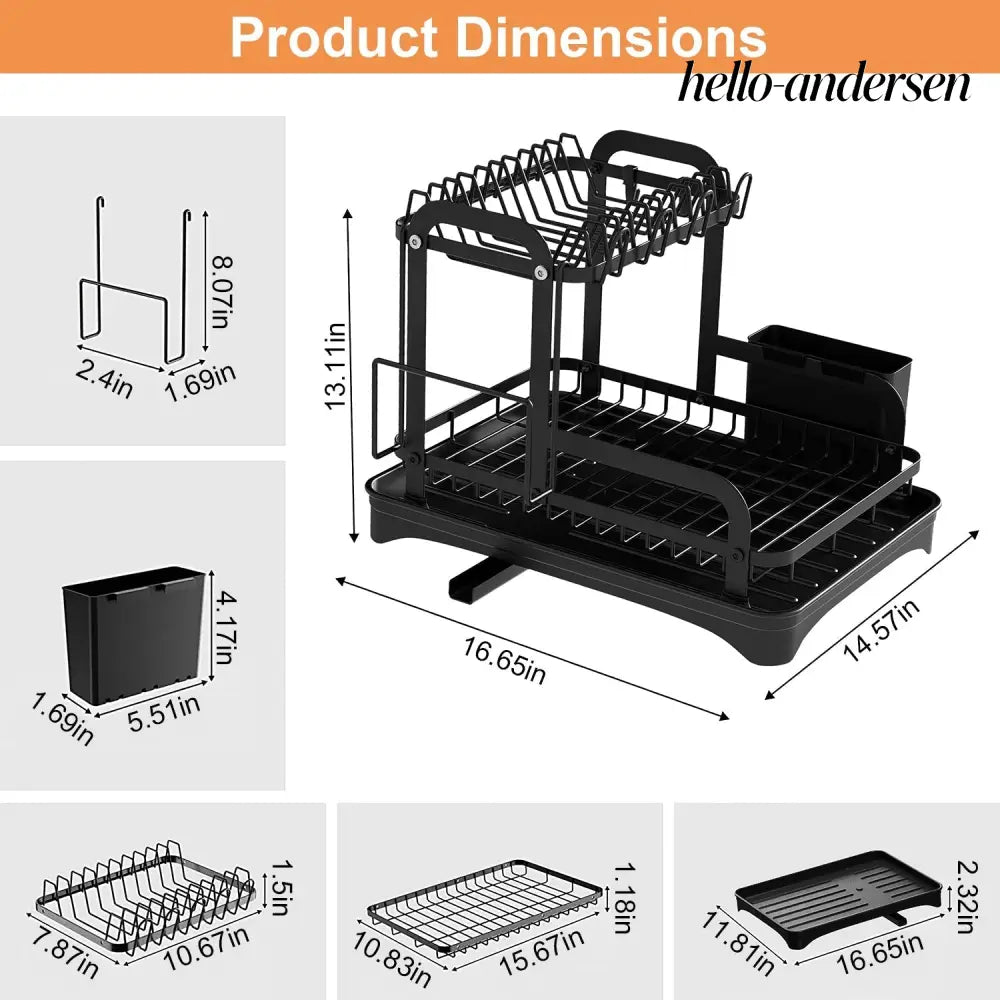 2-Tier Dish Drying Rack with Drainboard & Utensil Holder - Black - Kitchen Gadgets