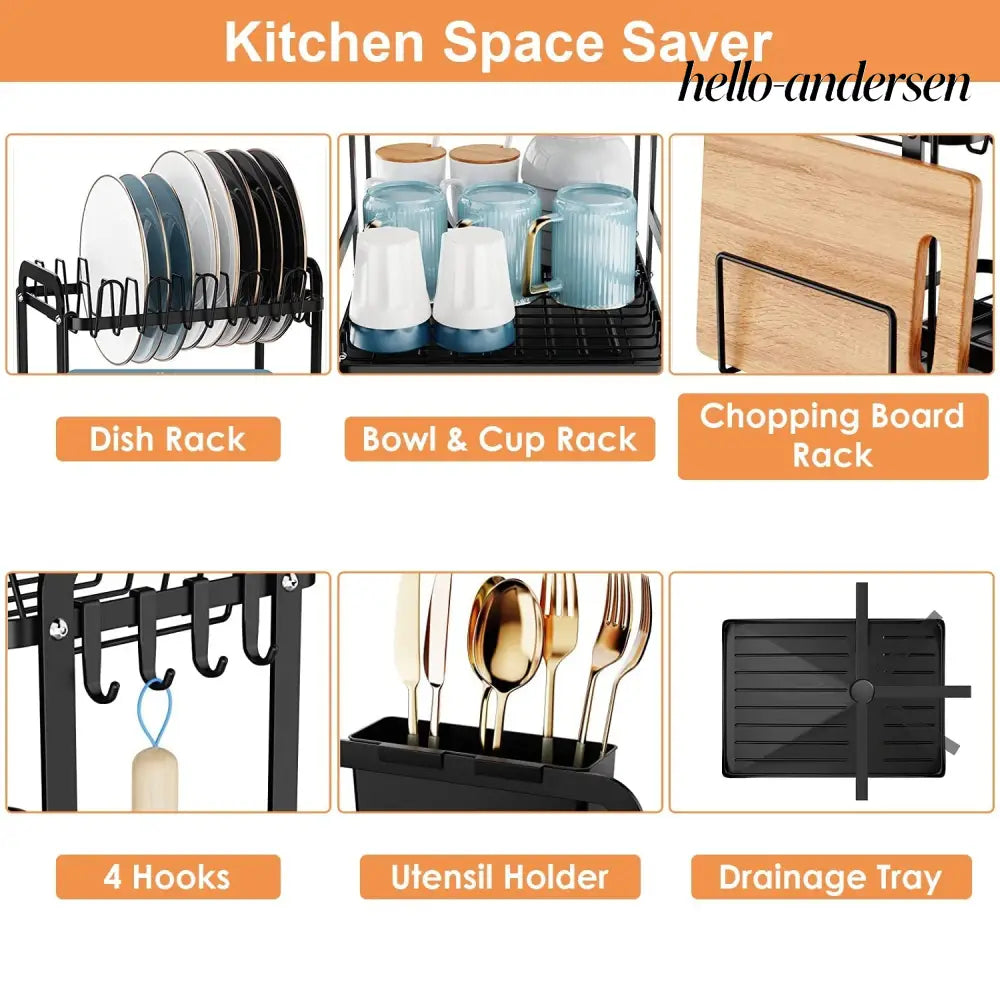 2-Tier Dish Drying Rack with Drainboard & Utensil Holder - Black - Kitchen Gadgets