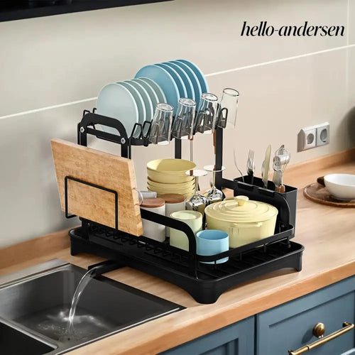 2-Tier Dish Drying Rack with Drainboard & Utensil Holder - Black - Kitchen Gadgets