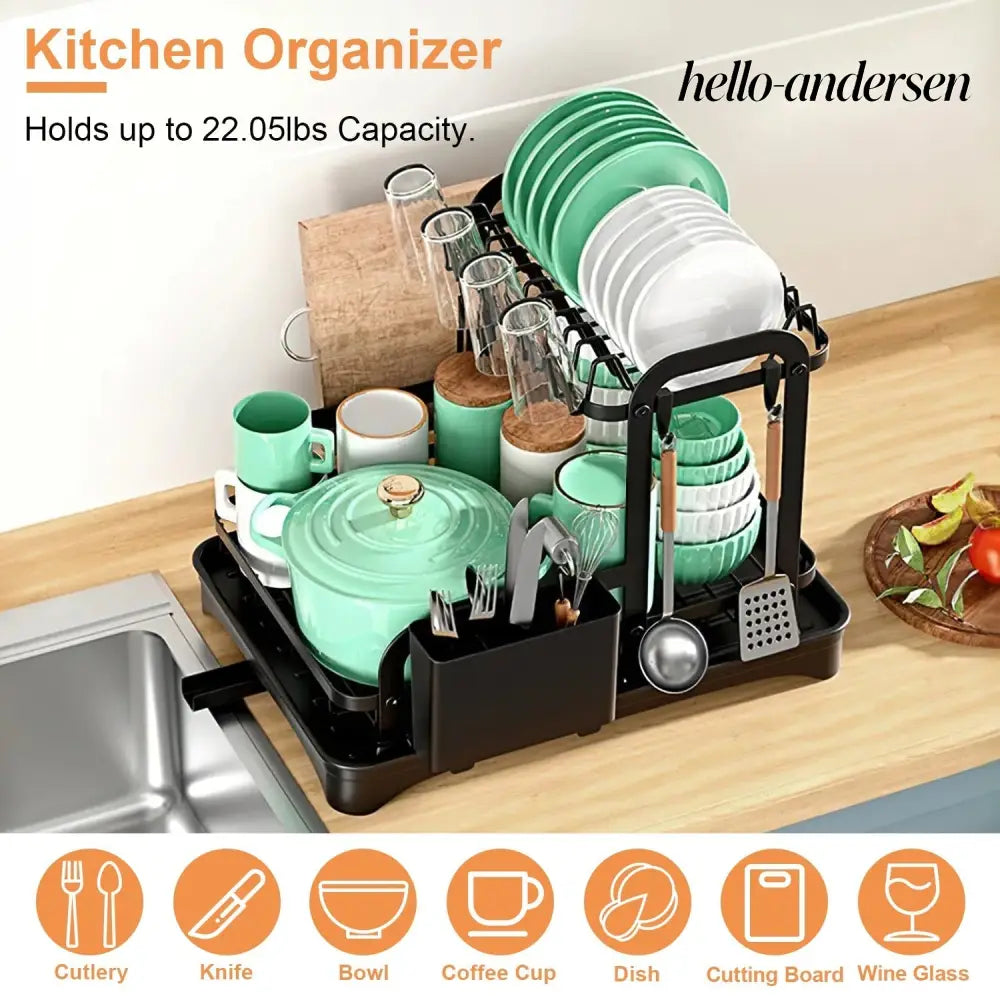 2-Tier Dish Drying Rack with Drainboard & Utensil Holder - Black - Kitchen Gadgets