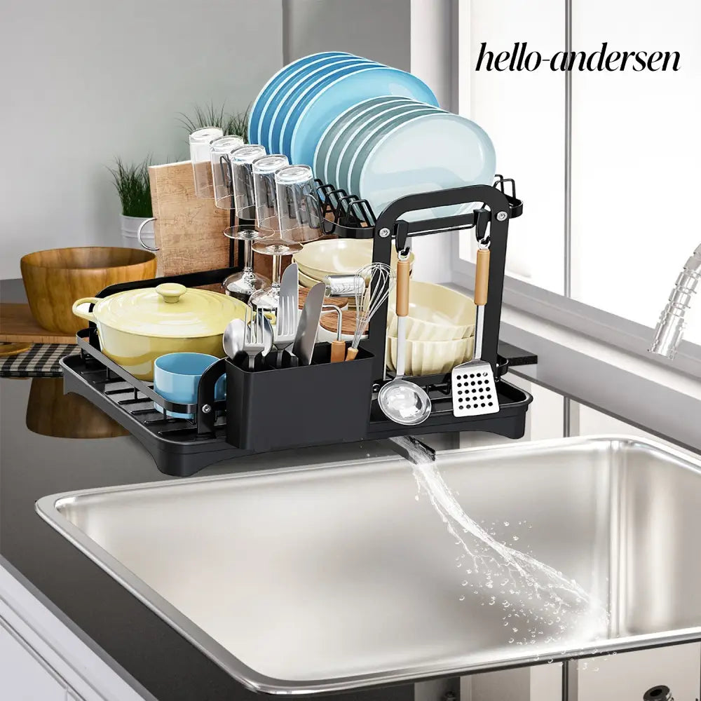 2-Tier Dish Drying Rack with Drainboard & Utensil Holder - Black - Kitchen Gadgets