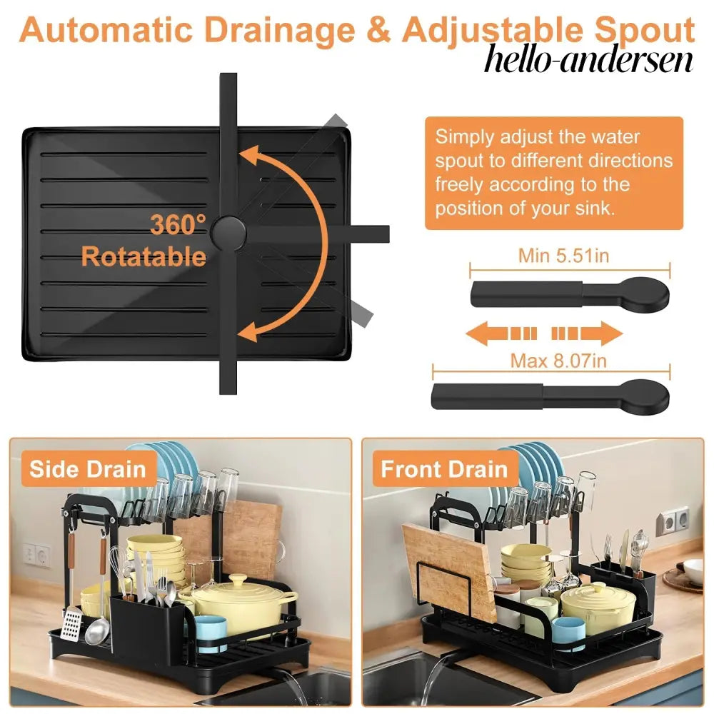 2-Tier Dish Drying Rack with Drainboard & Utensil Holder - Black - Kitchen Gadgets