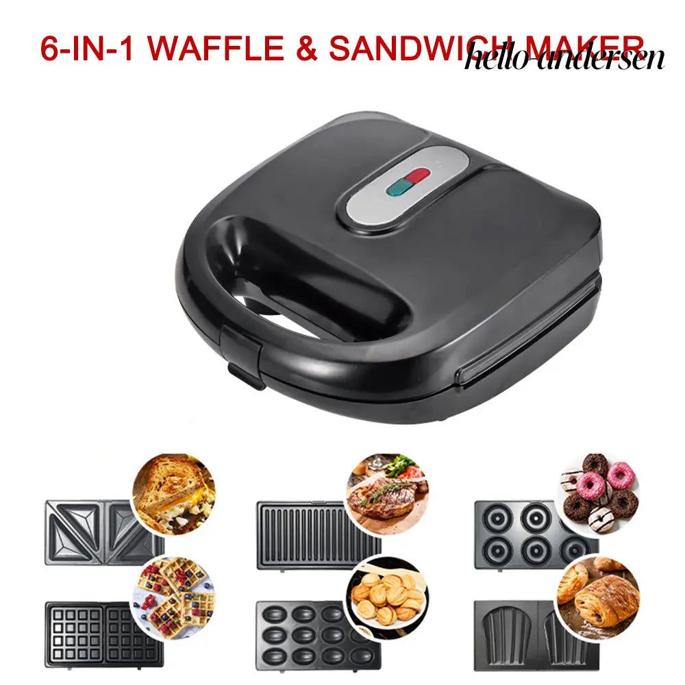 6-in-1 Waffle Maker & Grill | Sandwich Doughnut & Breakfast Maker - Black / US / 6in1 - Cooking Grinder
