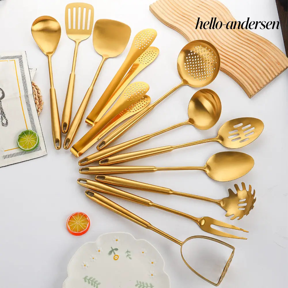 Gold-Plated Spatula and Strainer Set| 12-Piece Kitchen Set - 12 Set - Cooking Grinder