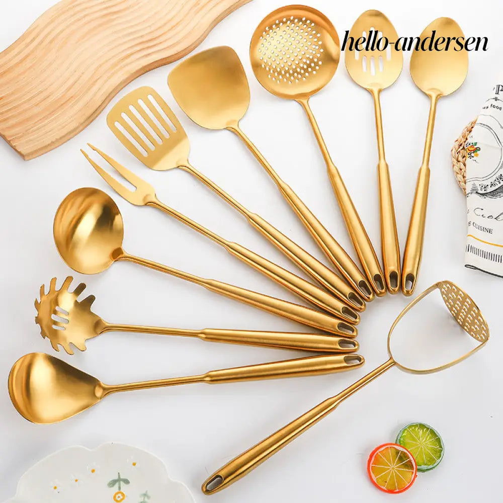 Gold-Plated Spatula and Strainer Set| 12-Piece Kitchen Set - 12 Set - Cooking Grinder
