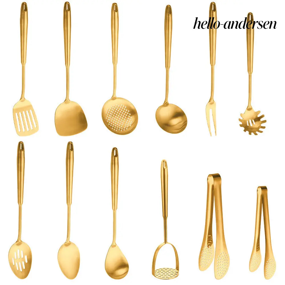 Gold-Plated Spatula and Strainer Set| 12-Piece Kitchen Set - 12 Set - Cooking Grinder