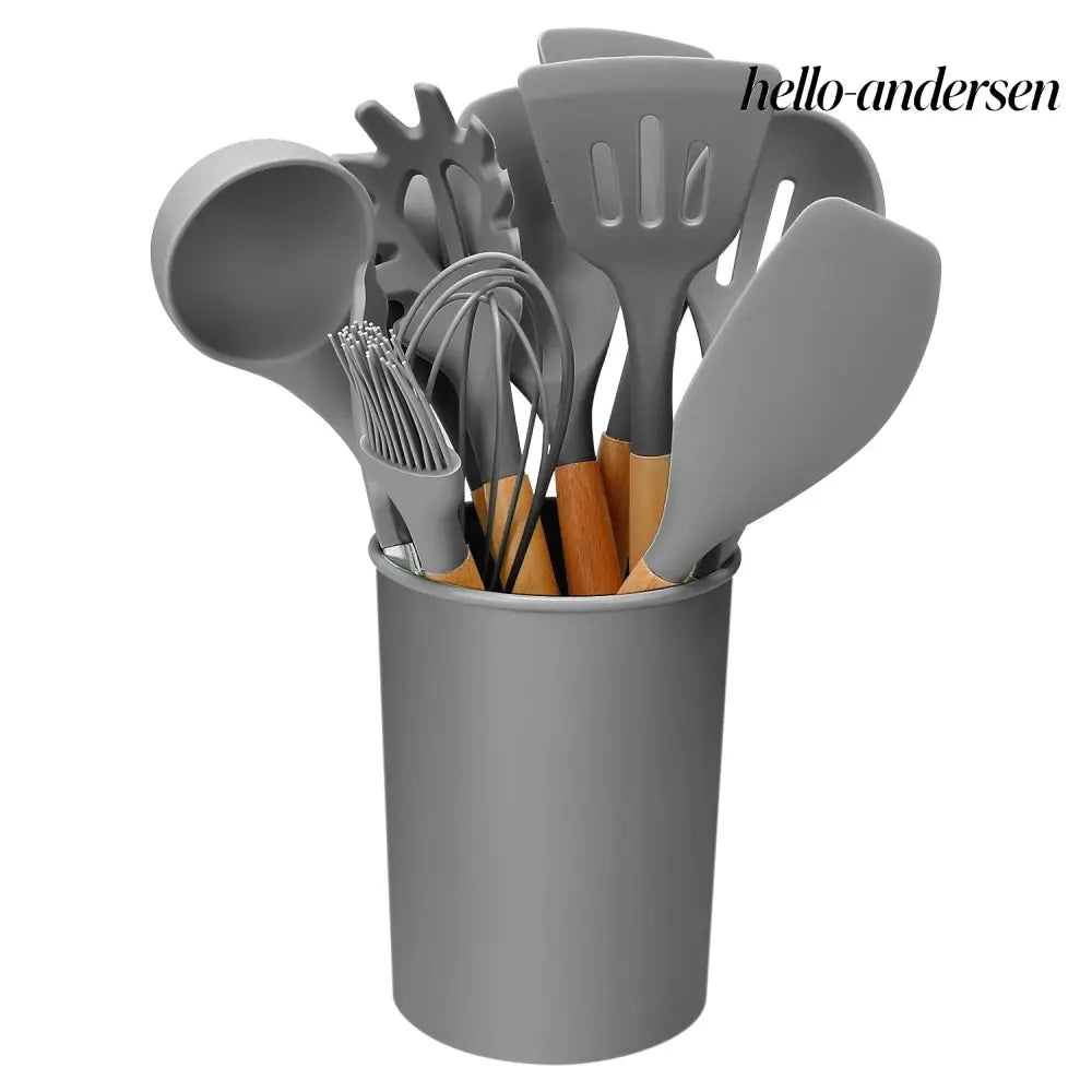 Silicone Cooking Utensil Set With Holder - 11Pcs - Grey - Cooking Grinder