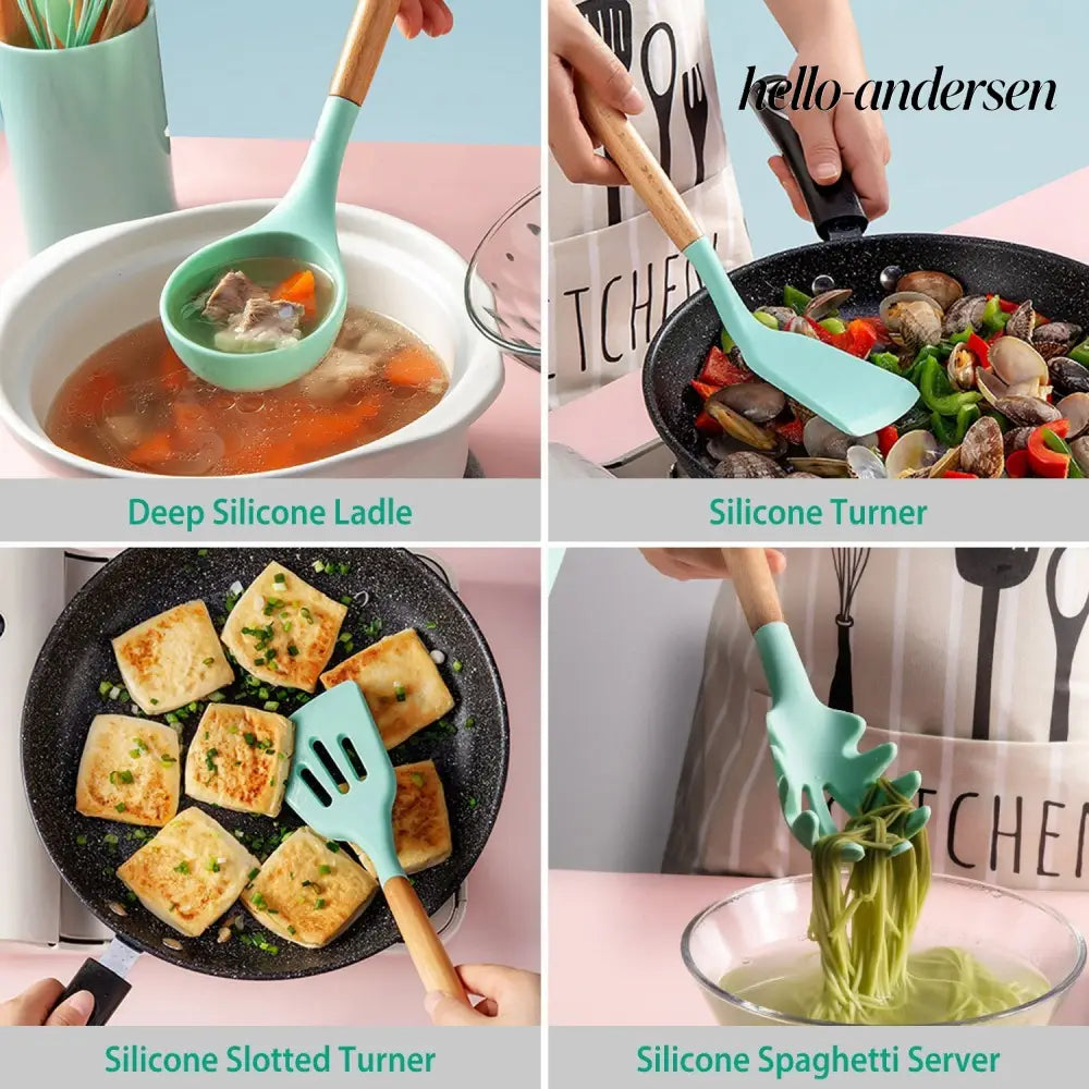 Silicone Cooking Utensil Set With Holder - 11Pcs - Cooking Grinder