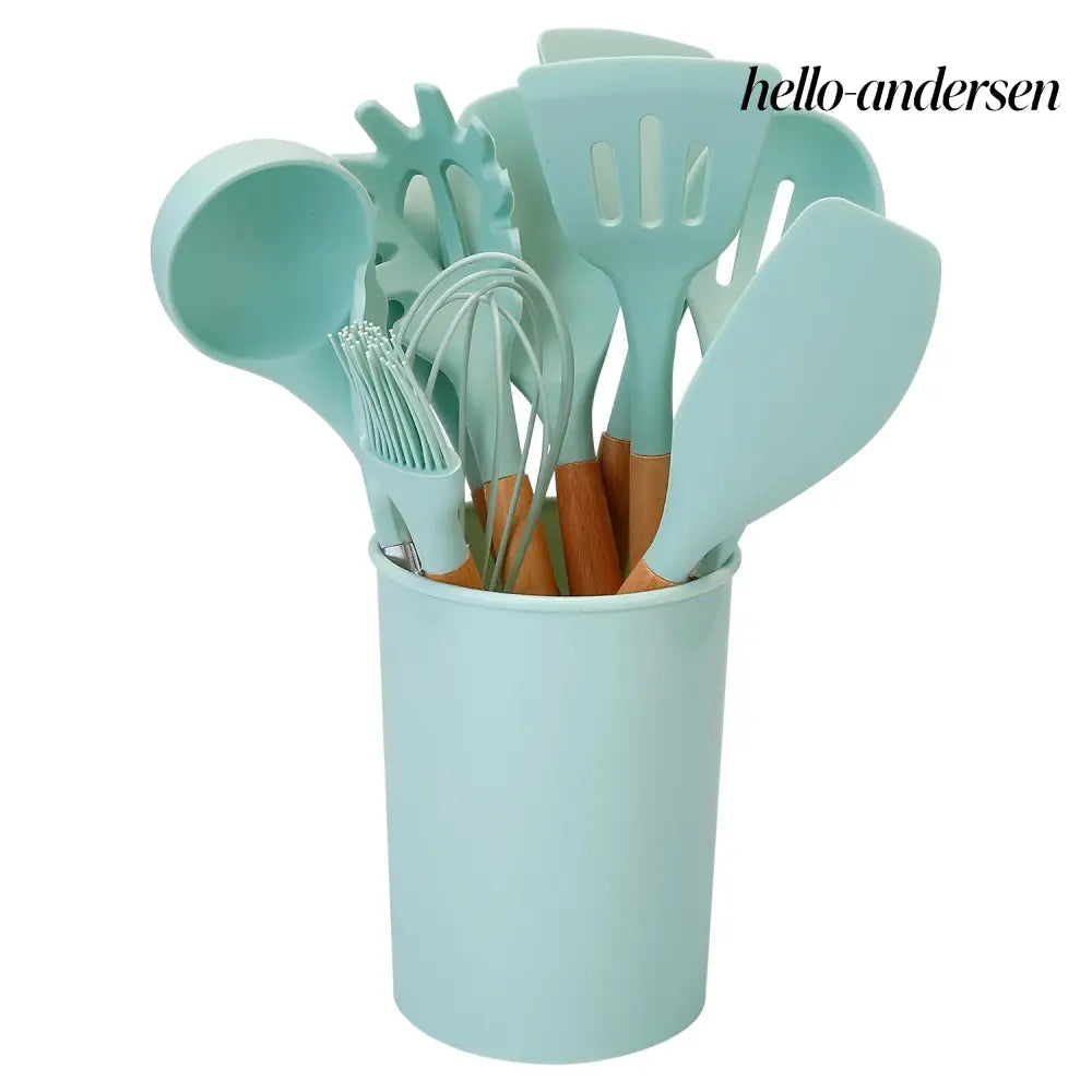 Silicone Cooking Utensil Set With Holder - 11Pcs - Light Green - Cooking Grinder