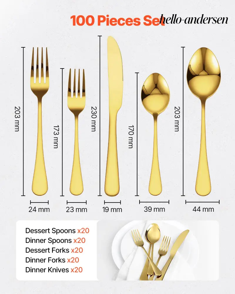 Silverware Set Stainless Steel Cutlery Flatware Utensil Kitchen 100-Piece - Golden - Kitchen Gadgets