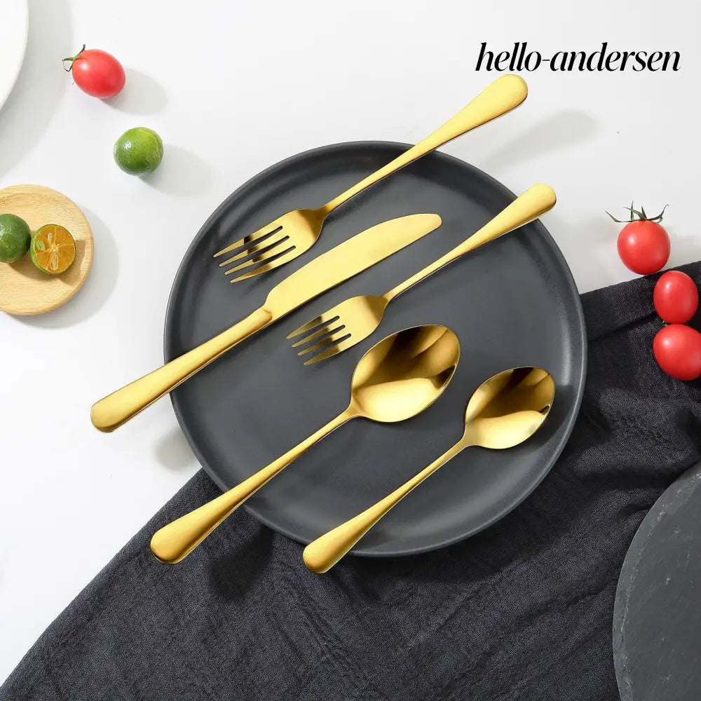 Silverware Set Stainless Steel Cutlery Flatware Utensil Kitchen 100-Piece - Golden - Kitchen Gadgets